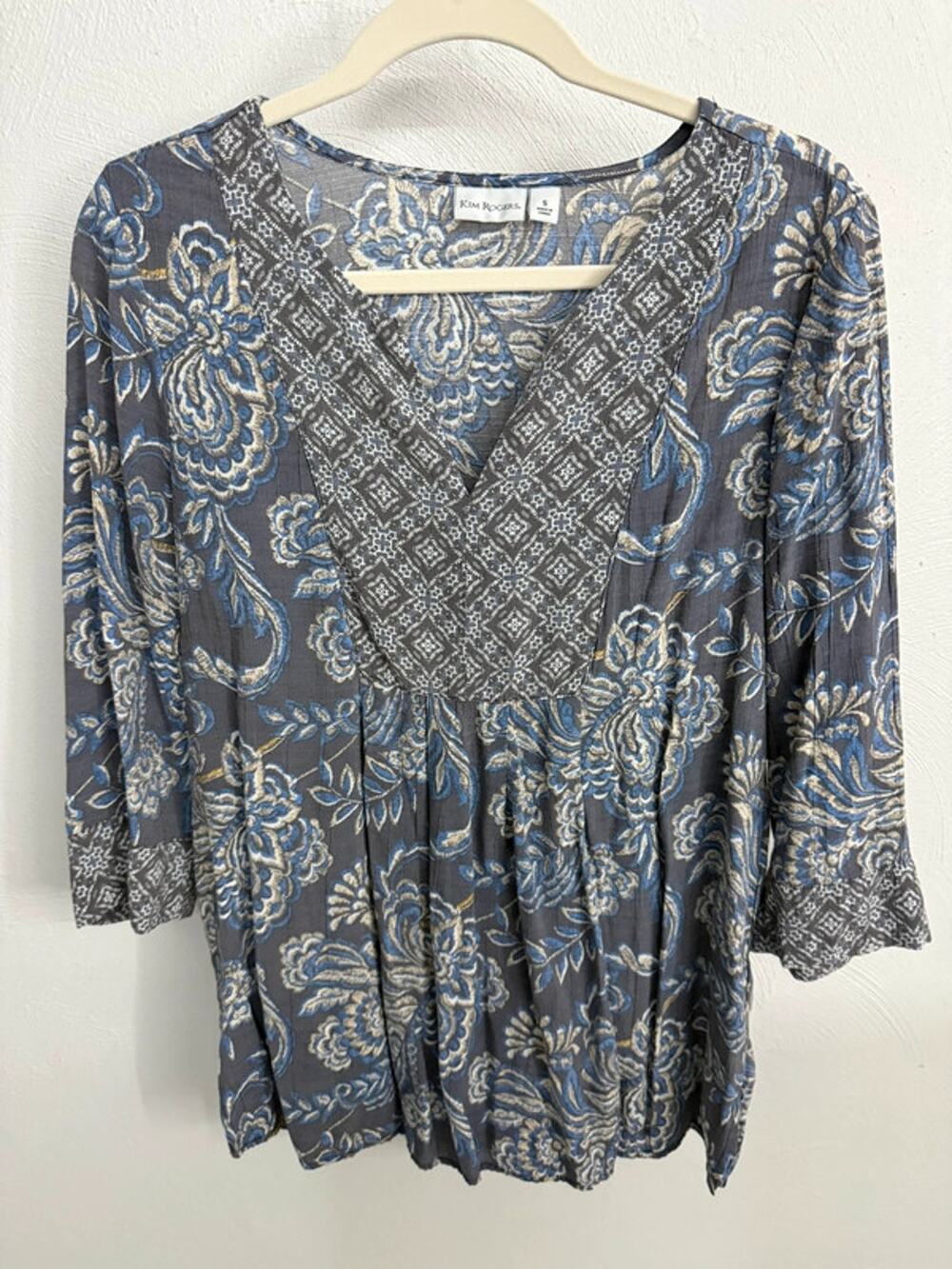 Kim Rogers‎ BoHo print floral, grayish purple blue beige three-quarter sleeve S